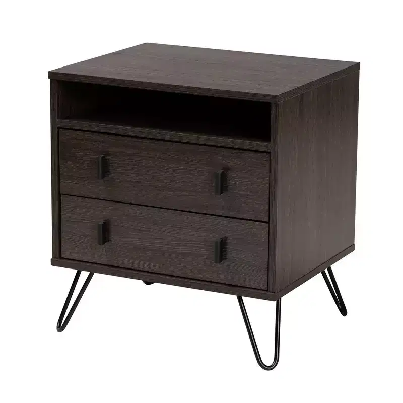 Wood and Metal 2 Drawer Nightstand Brown/Black - Modern Bedside Furniture with Open Shelf