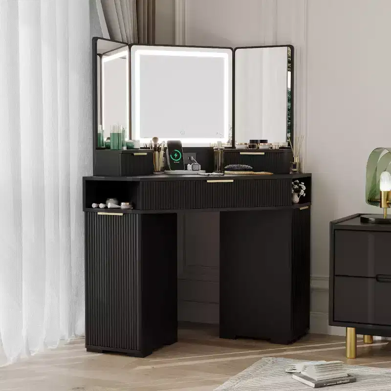Corner Vanity Desk with Lighted Mirror and Charging Station