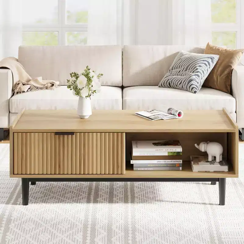 Coffee Table 42.5 Mid Century Modern Center Table with Drawer Fluted Living Room Table with Open Shelf Rectangle Coffee Table Easy Assembly