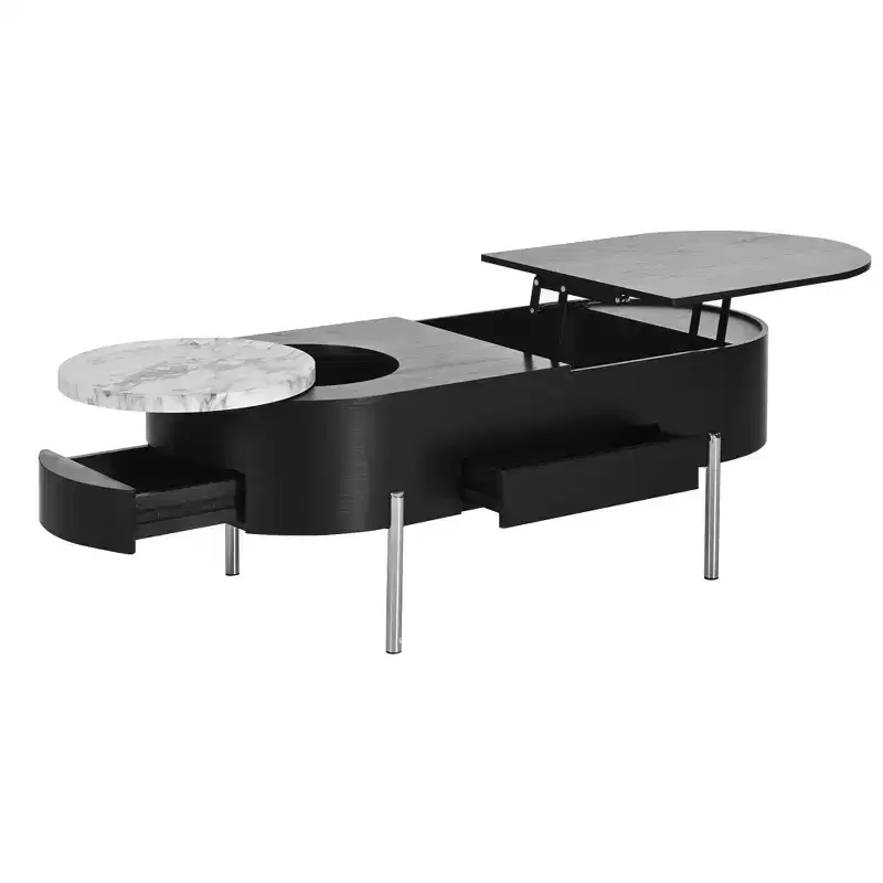 Lift Top Coffee Table Wooden Center Table with 360 Marble-patterned Rotating Tray, 3 Drawers and Hidden Compartment, Brown/Black-ModernLuxe