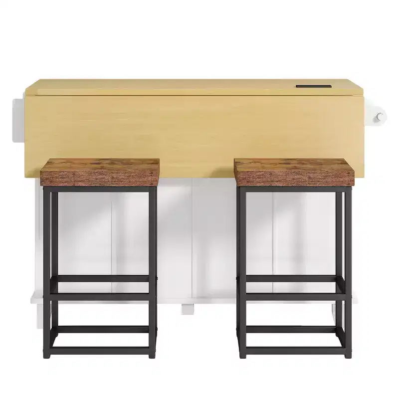 Farmhouse Kitchen Island with Drop Leaf, Drawers, Power Outlet and 2 Seats