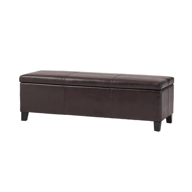 Elias Storage Ottoman Bench, Detailed Brown Faux Leather, 51 Inch