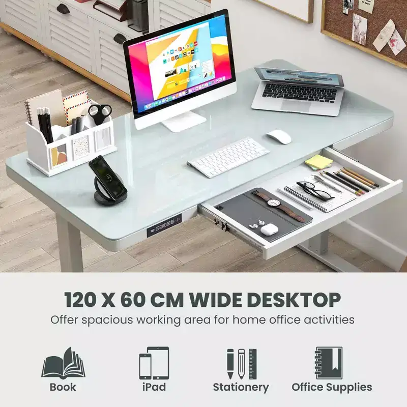 Costway 48 x 24 Whole-Piece Glass Standing Desk w/Drawers Writable Tempered Glass Top Black/White