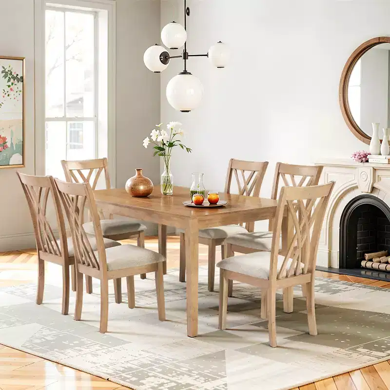 GDFStudio Marcus Modern 7 Piece Rubber Wood Dining Table Set with 6 Upholstered Chairs