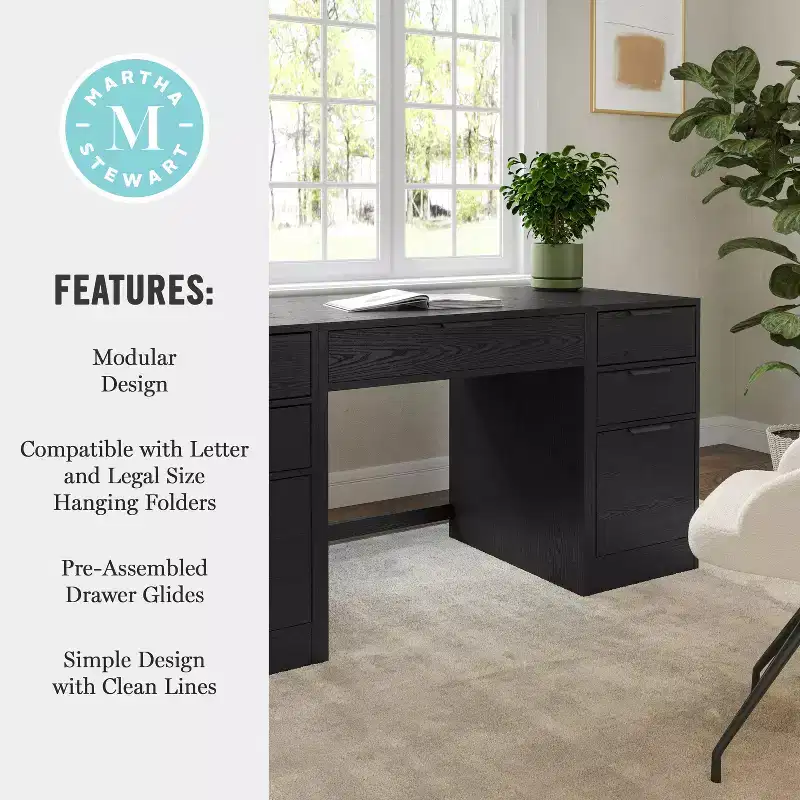 Modular Home Office Desk with Single Drawer & Dual 3-Drawer File Cabinets, Wood Composite