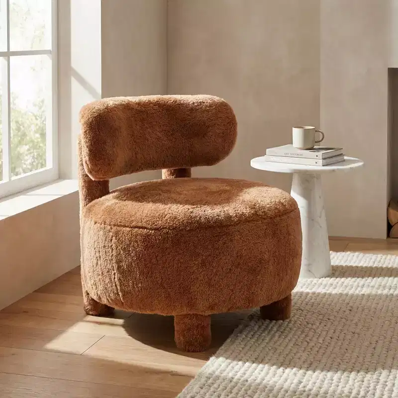 Faux Fur Accent Chair, Modern Upholstered Slipper Chair with Curved Back, Armless Lounge Chair with Wood Legs for Living Room Bedroom Vanity (White)