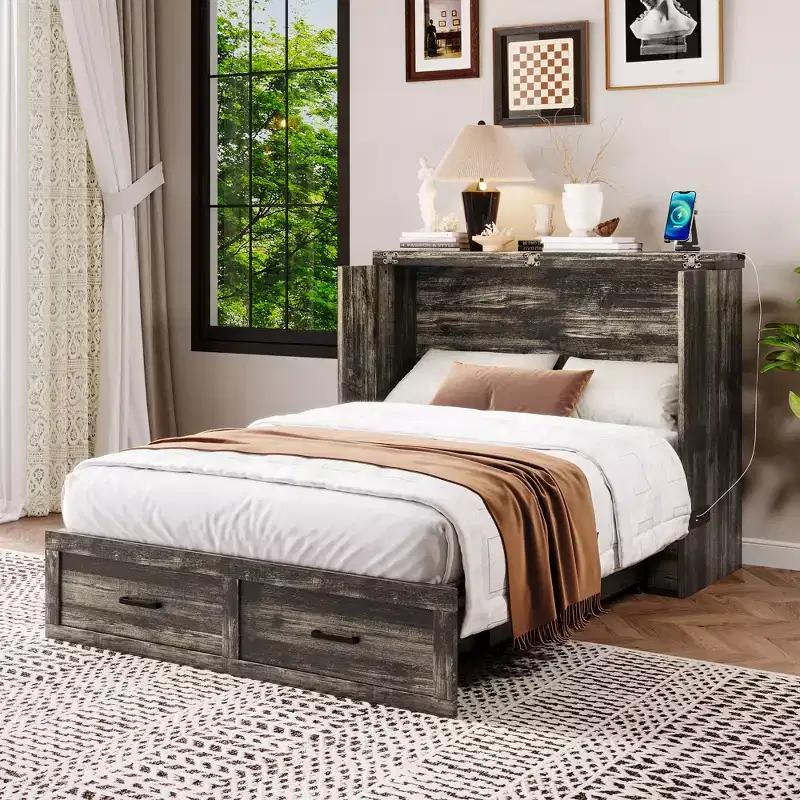 ModernLuxe Full/Queen Size Murphy Bed Space Saving Foldable Bed with Charging Station & Storage Drawer, White/Gray
