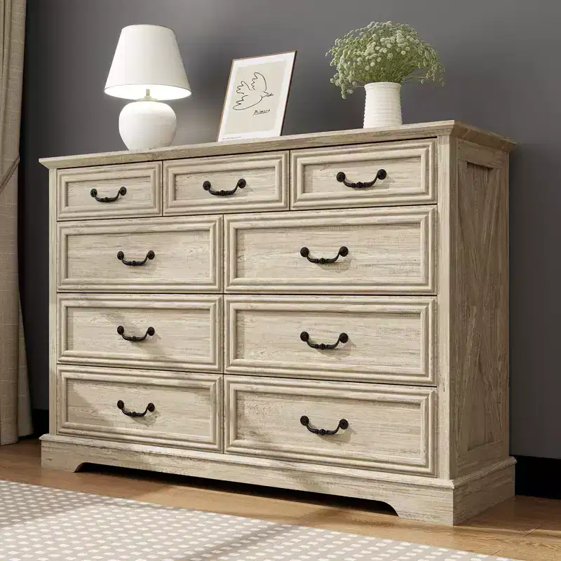 9 Drawer Farmhouse Dresser, Rustic Chest of Drawers with Ample Storage, Solid Wood Look & Metal Handles, Bedroom Clothes Organizer