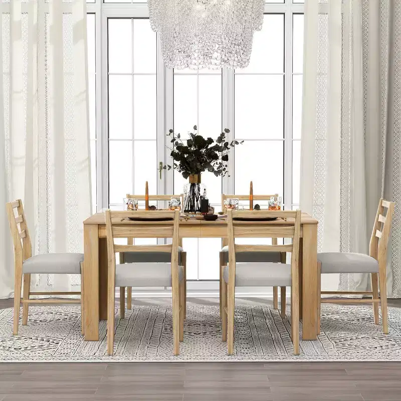 Whisen 7-Piece Wooden Dining Table Set Mutifunctional Extendable Table,12 Leaf and 2 Drawers, 6 Dining Chairs