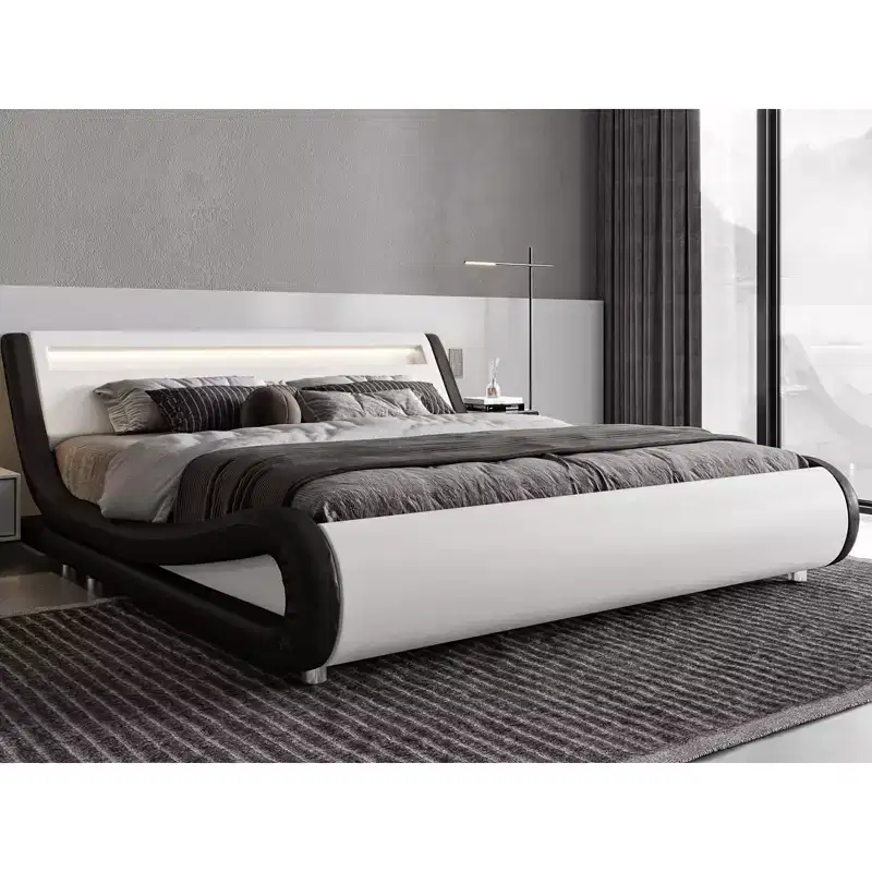 Allewie LED Platform Bed Frame with Adjustable Headboard/No Box Spring Need/Easy Assembly/Faux Leather in White and Black