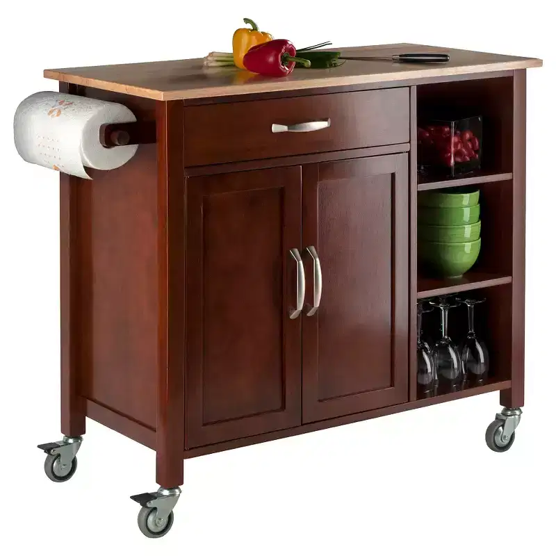 Mabel Kitchen Cart Wood/Walnut/Natural - Winsome: Mobile Storage Unit with Towel Rack, Hardwood Frame