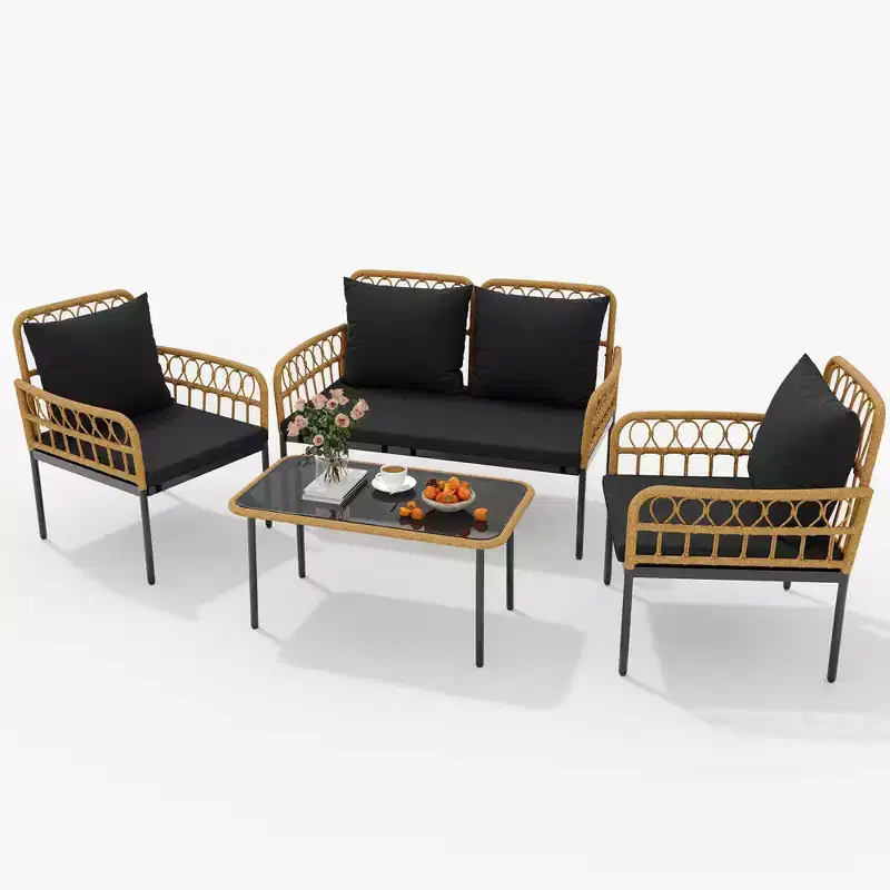 4-Piece Rattan Patio Furniture Set Terrace Hollow Rattan Chair Furniture Set Outdoor Wicker Furnishing with Glass Coffee Table for Patio, Backyard