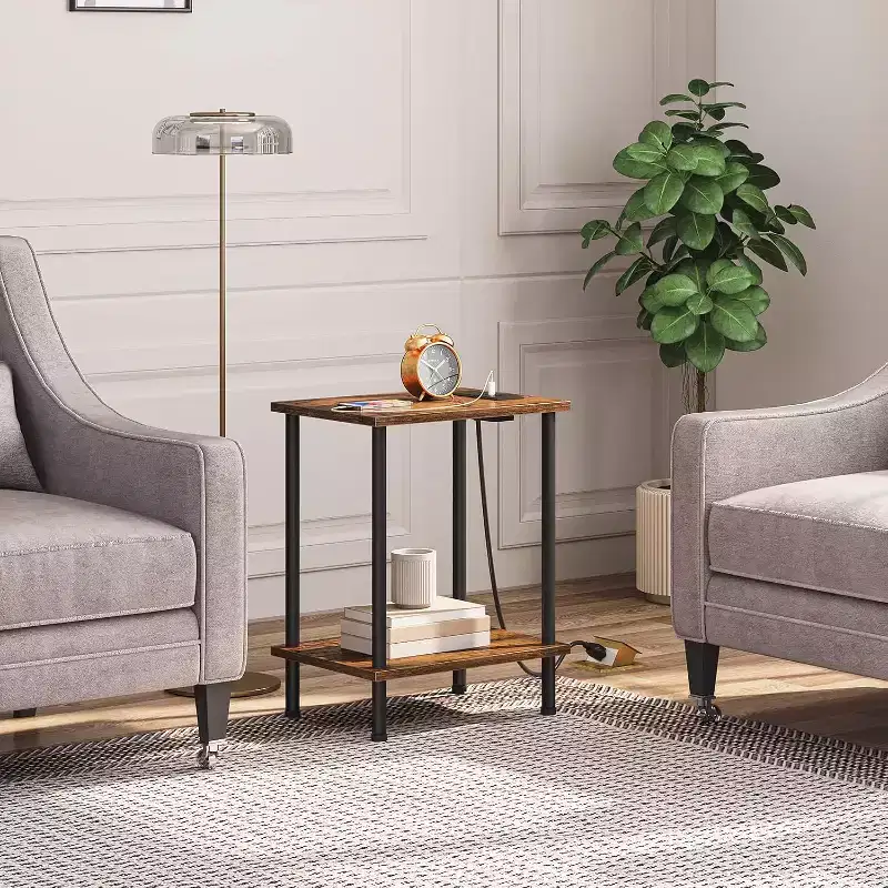 Side Table with Charging Station, 2-Layer Open Shelves – 21.7