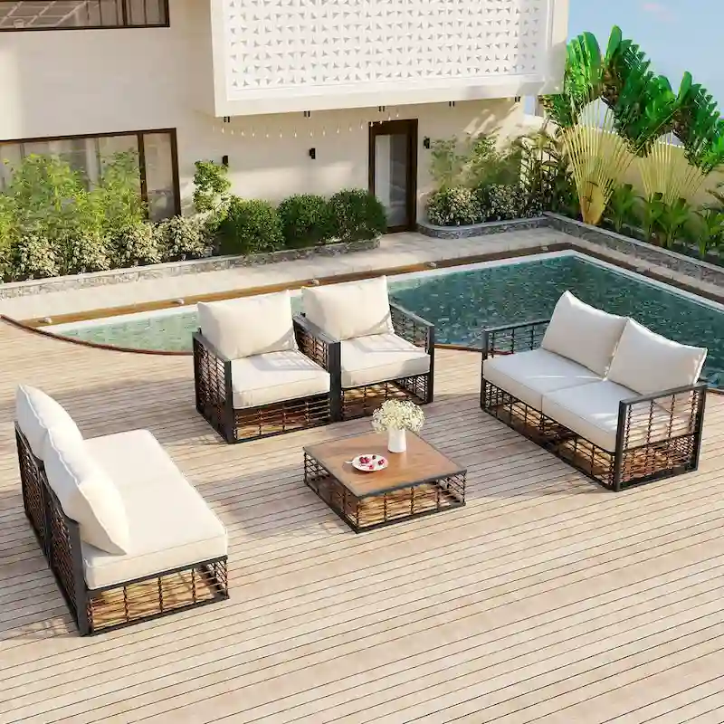 7-Piece Metal Patio Sectional Sofa Set, All-Weather Garden Conversational Furniture Set with Thick Cushions and Coffee Table