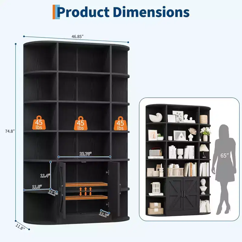 75in Tall Bookcase, 6 Tier Wooden Book Shelf 47 Wide Farmhouse Display Bookshelf Storage Cabinet with Doors and Open Shelves for Living Room Bedroom