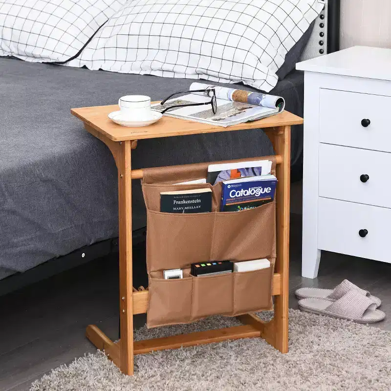 Costway Bamboo Sofa Table Laptop Desk Coffee Snack End Table Bedside Table W/Storage Bag