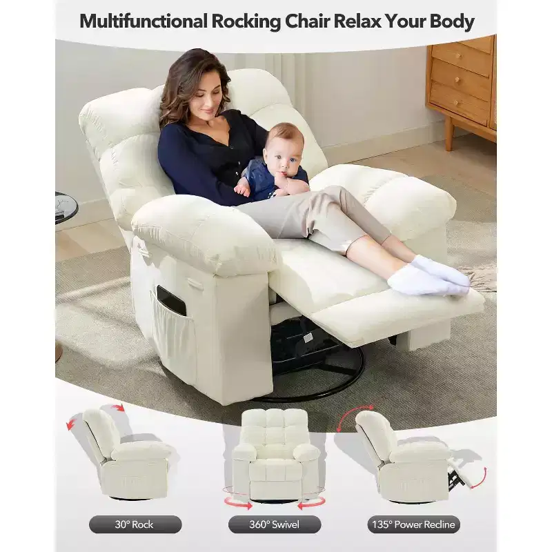 Oversized 360° Swivel Rocker Recliner Chair with Phone Stand – Soft Fabric
