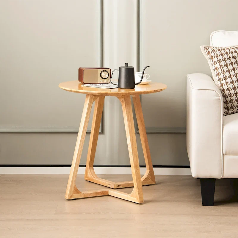 24 Round Side Table Solid Rubber Wood End Table Beside Sofa & Bed
