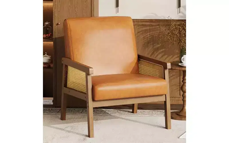 GustoWave PU Leather Accent Chair - Rattan Armchair with Wooden Armrest and Legs, Upholstered Reading Chair for Living Room/Bedroom/Reading Room