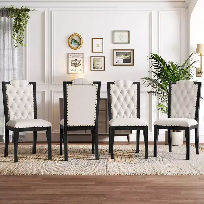 Beige Linen High Back Dining Chair, Button Tufted, Set of 4