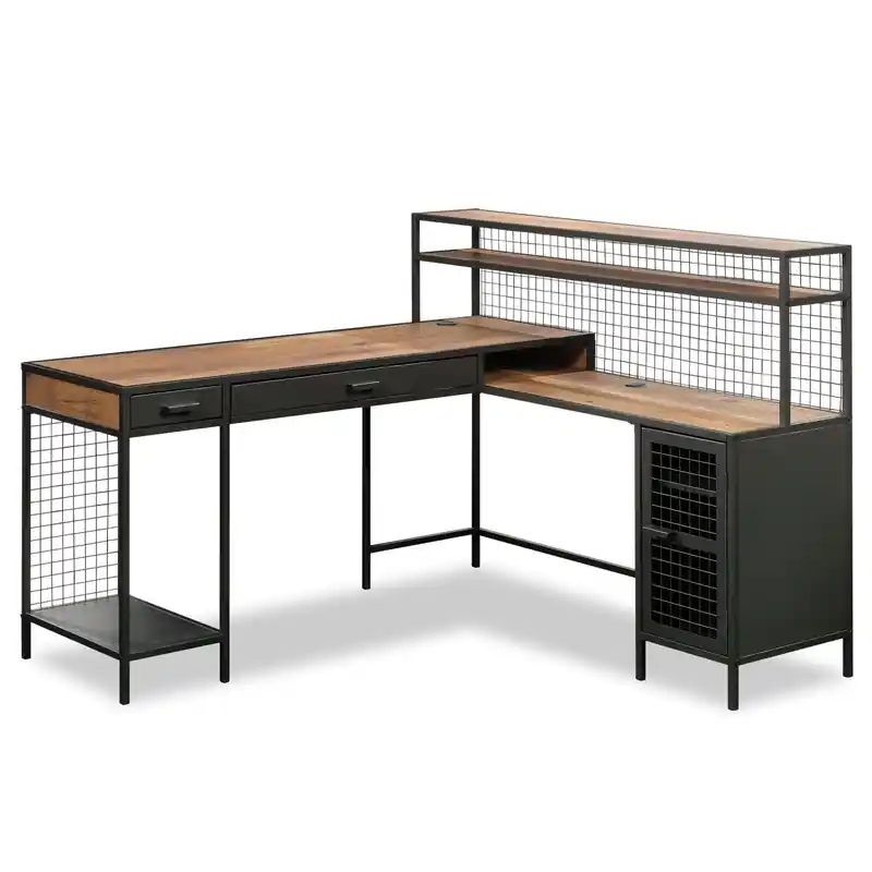 60.67 L-Shaped Office Desk with 2-Drawers & Cabinet - Vintage Oak & Black