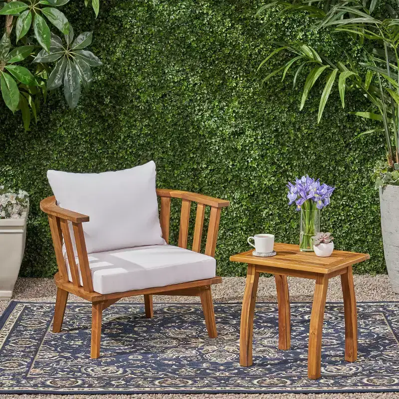 Barton 2pc Acacia Wood Club Chair & Table Set - Teak/White - Christopher Knight Home: Outdoor Lounge Set with Cushions
