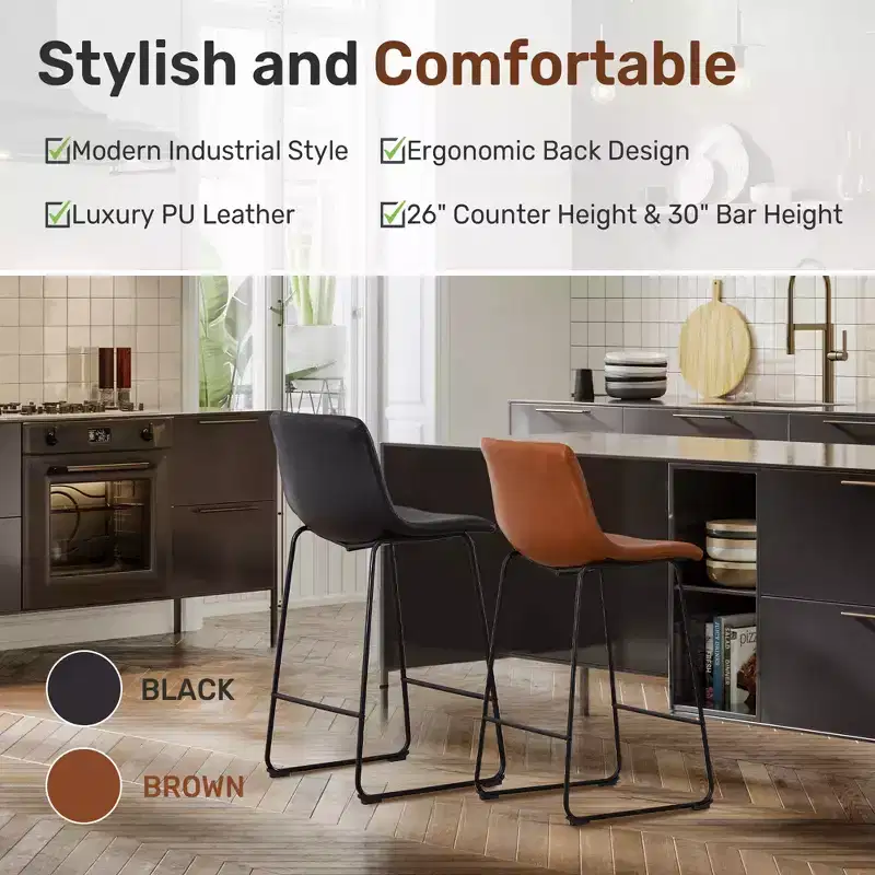 FERPIT Modern Faux Leather Counter Bar Stools Upholstered with Metal Frame 2 Pack
