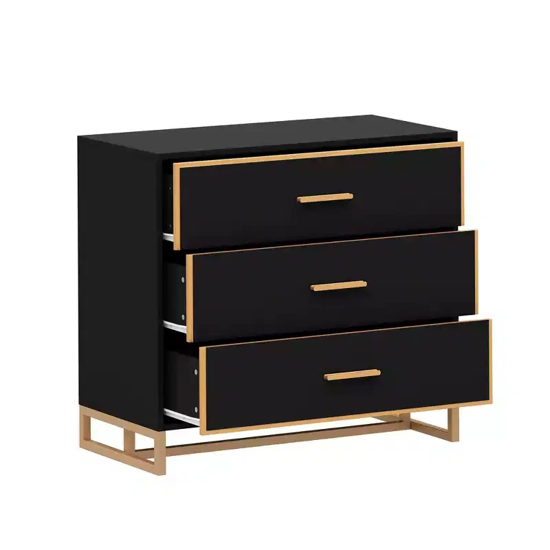 Black/White & Gold Modern Nightstand Open Metal Frame Bedroom Nightstand 3-Drawer Bedside Storage Living Room Bedside Table
