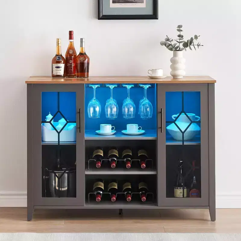 47 Wooden Bar Cabinet with Glass Doors - Wine Storage Station with Adjustable Shelves