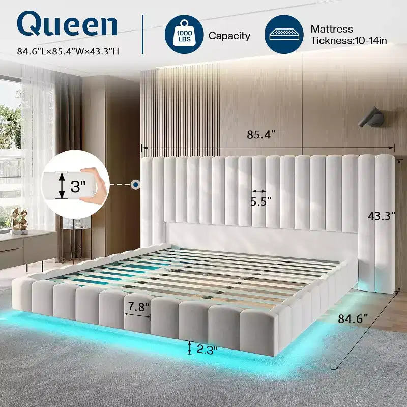 AMERLIFE Upholstered Platform Bed with LED Lights, Floating Design, Solid Slat Support
