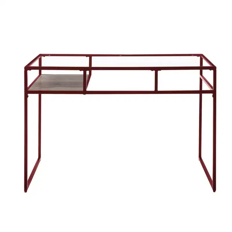Writing Desk with Glass Top, Red Finish and Open Storage Shelf, 48