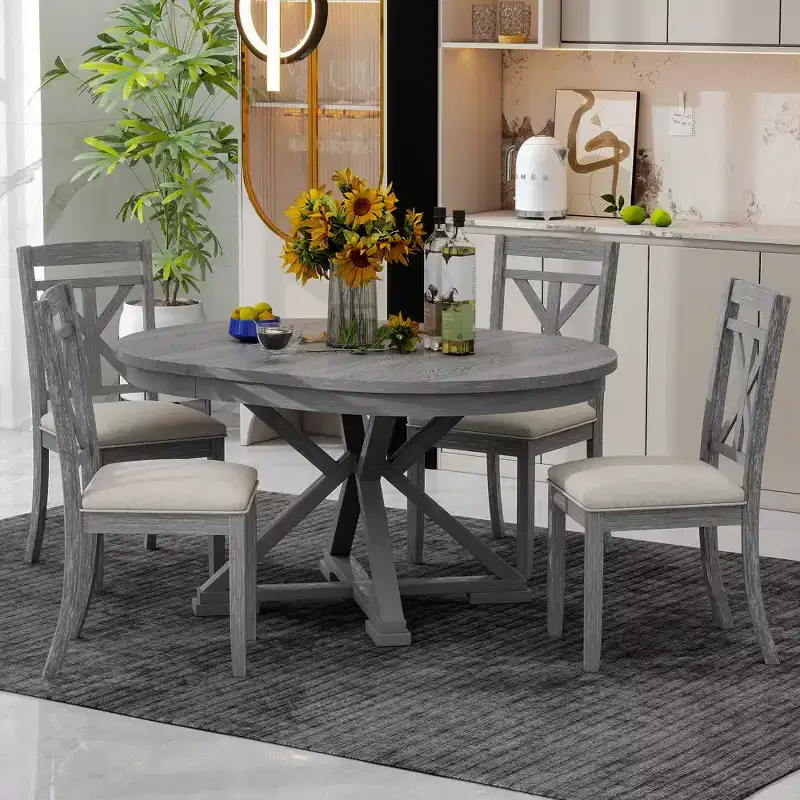 Whisen 5-Piece Extendable Wood Dining Table Set with 4-Upholstered Chairs