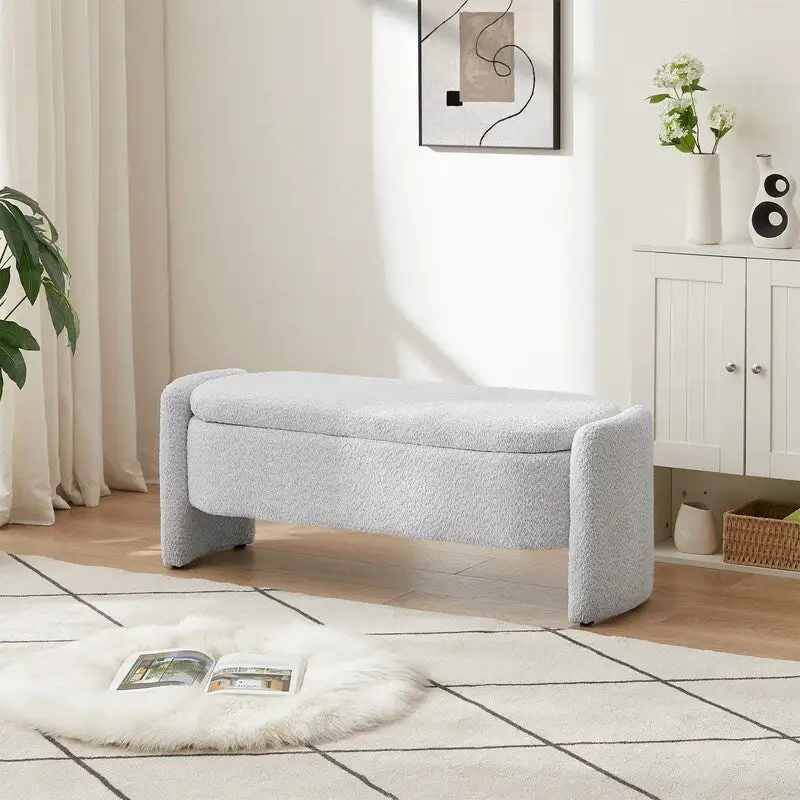 Oval Upholstered Storage Bench – Gray / Green, Lamb Fleece, 2-Person Seating