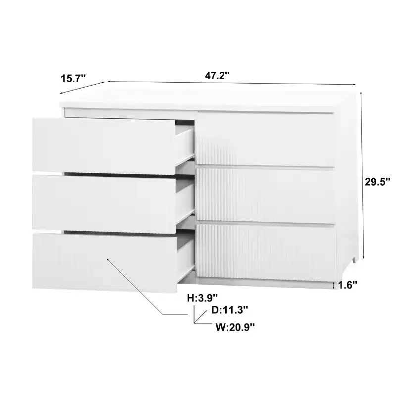 6 Drawer Dresser for Bedroom, 47W Fluted Chest of Drawers, Wooden Dresser TV Stand, Clothes Storage Organizer for Bedroom,Hallway, Entryway