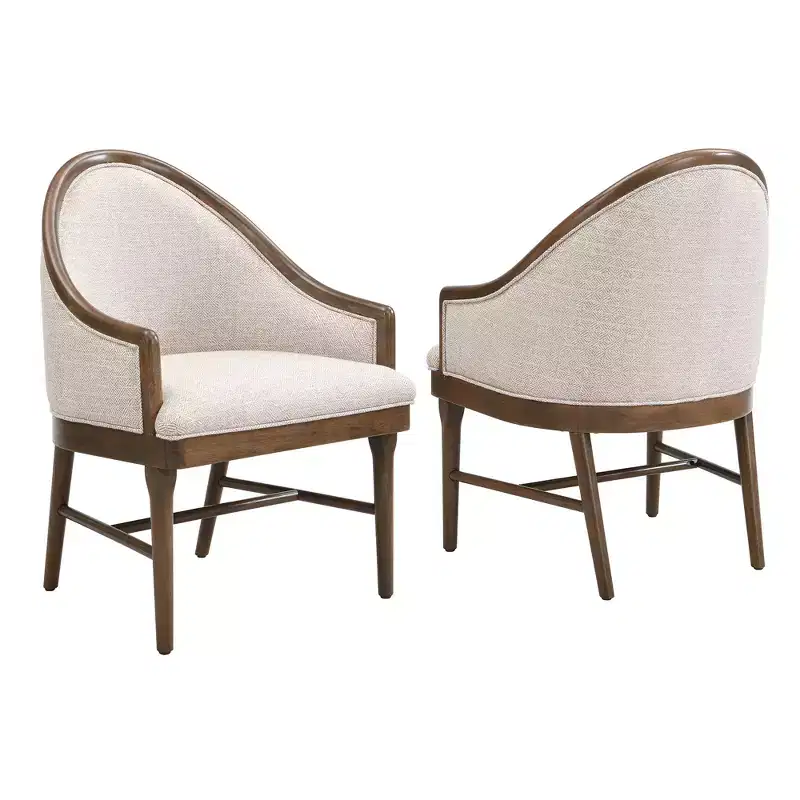 Set of 2 Mid-Century Modern Dining Chairs, Twill Upholstered Curved Armchairs with Solid Rubberwood Frame, Beige
