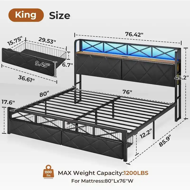 Bed Frame Storage Headboard 2 Drawers Hidden Storage Upholstered Bed