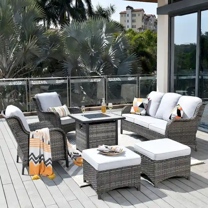OVIOS Grey Wicker 6-piece Patio Furniture Set With 30 Fire Pit