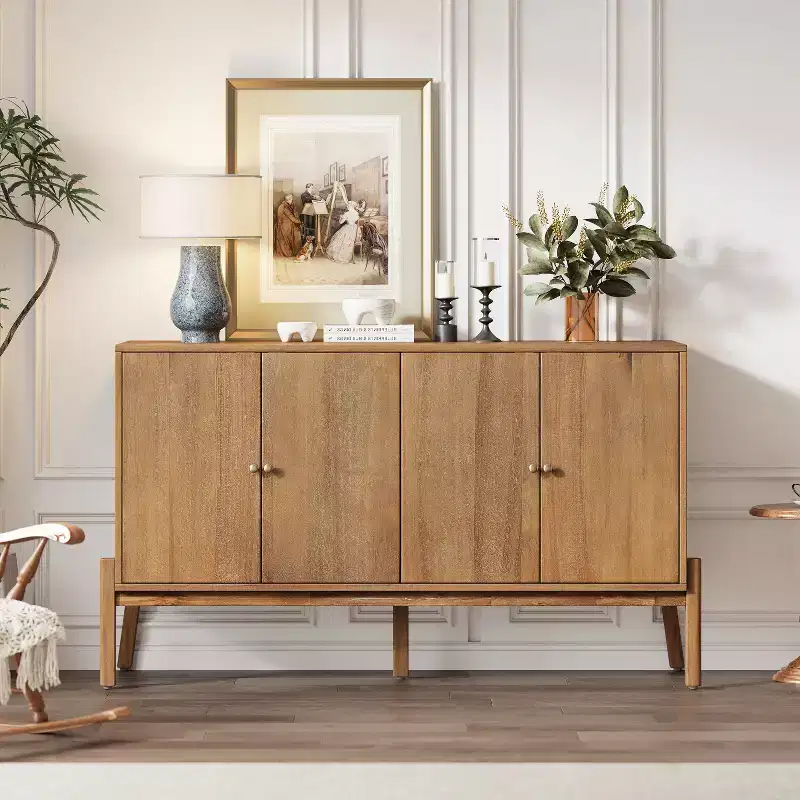 Four-door metal-handled vintage sideboard storage cabinet, MDF with acacia veneer, natural finish, suitable for dining rooms