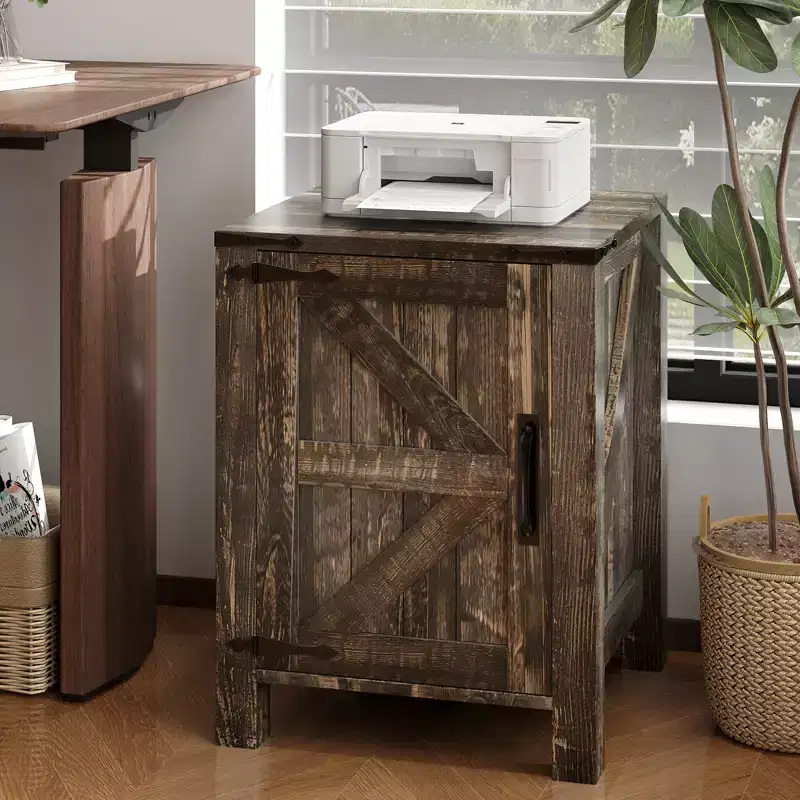 Simple wooden bedside table, equipped with sliding barn door, adjustable shelves, and double storage space, suitable for bedrooms and living room
