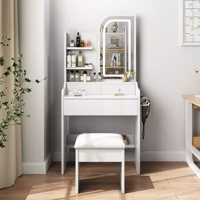 GDFStudio Draxen Modern Mirror Vanity Set with LED, Hair Dryer Holder, 3 Drawers and Open Shelves
