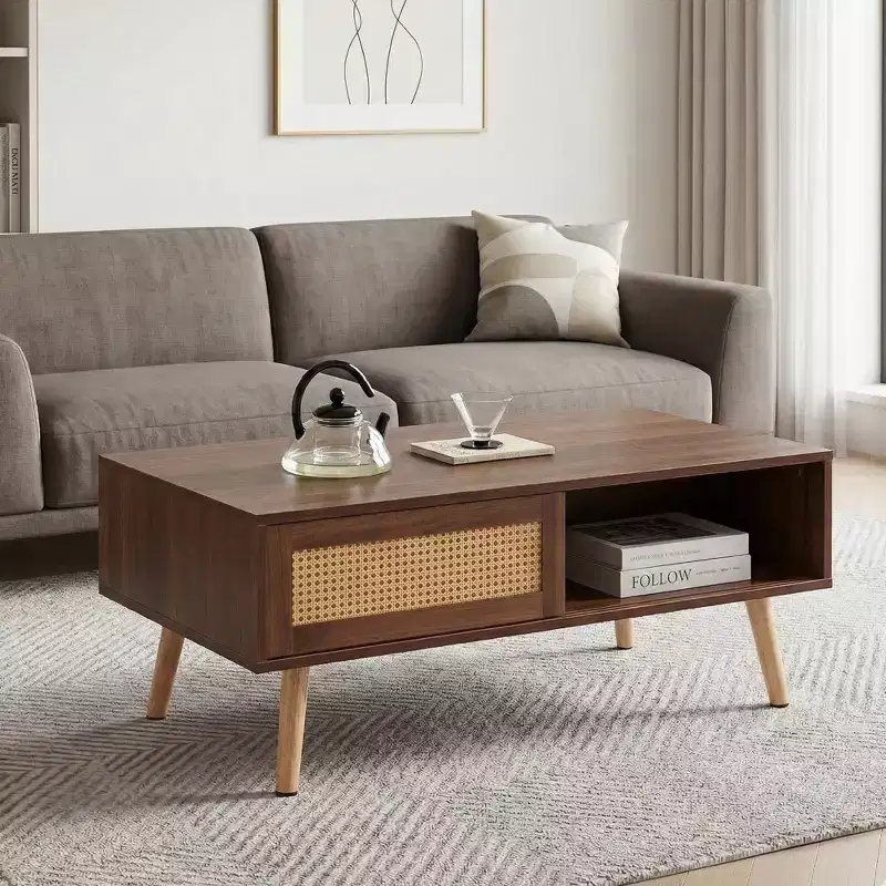 PE Rattan Coffee Table with Sliding Door Storage and Solid Wood Legs - Walnut
