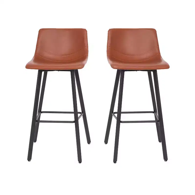 Merrick Lane Set of 2 Modern Upholstered Stools with Contoured, Low Back Bucket Seats and Iron Frames