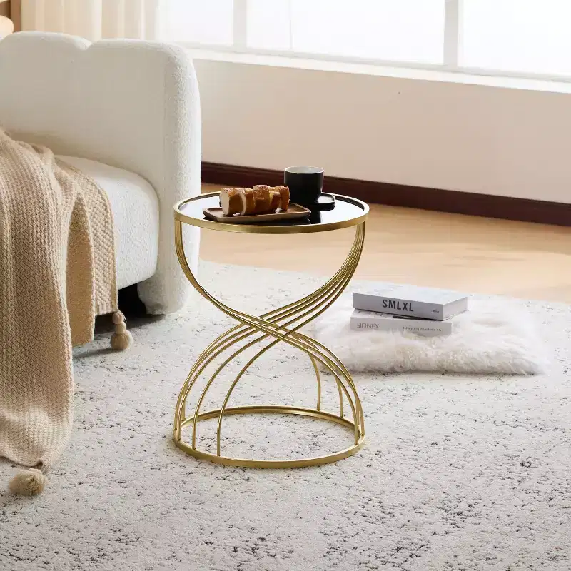 Elegant Modern Hourglass Side Table with Black Glass Top and Gold Metal Base