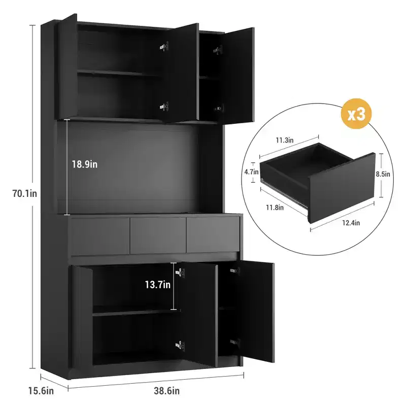 71 Tall Kitchen Pantry Cabinet, Adjustable Shelves & Doors, Microwave Shelf, Coffee Bar with LED Lights & Charging Station, for Living Room