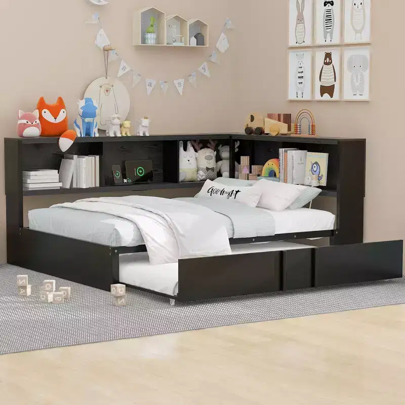 Whisen Metal Full Size Daybed with Trundle, Storage Cabinets and USB Ports