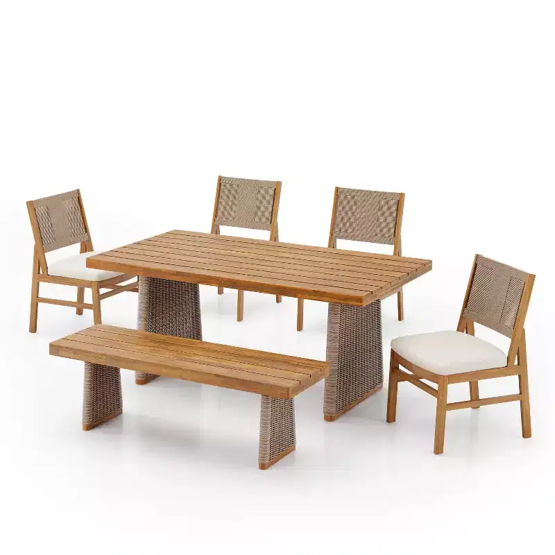 Christopher Knight Home Mabel Rustic 6 Piece Outdoor Acacia Wood Rattan Dining Set with Slatted Table and Cushions