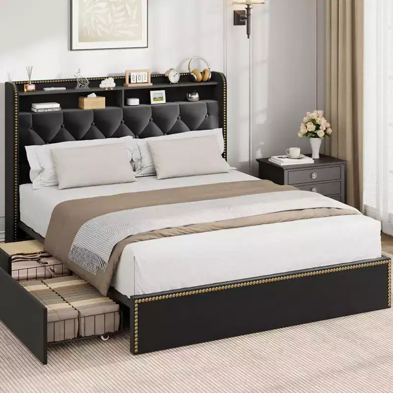 GustoWave Velvet Bed Frame with 4 Storage Drawers
