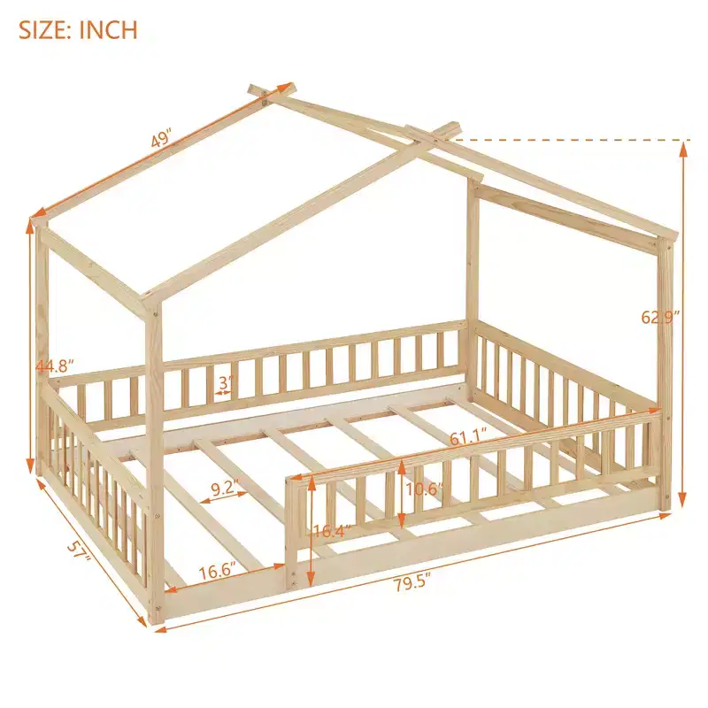 Full Size Montessori Floor Bed, Wood House Bed Frame, House Bed for Kids, Montessori Bed with Fence, Playhouse for Kids,Natural