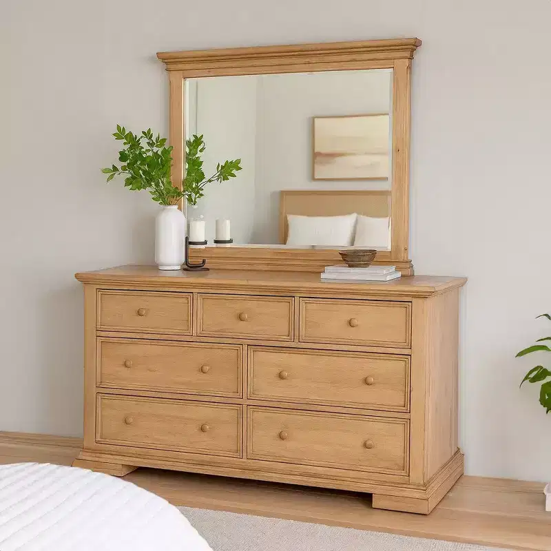 Dresser Mirror, Bevel Glass, Natural Oak Brown Solid Wood, 38x44