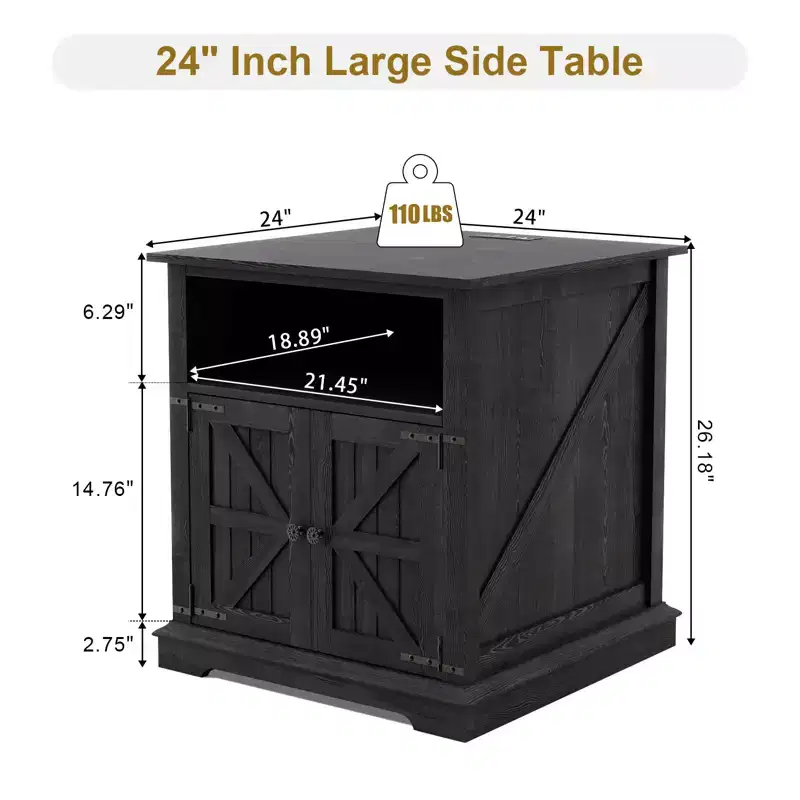 MUUEGM 24 Farmhouse End Table| Wood Rustic Nightstand Bedside Table with Charging Station and Barn Door